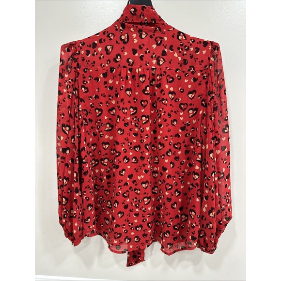 Chico's Blouse Size 3 16 XL Red Printed Chiffon Tie Bow Neck Balloon Sleeve - Picture 6 of 10